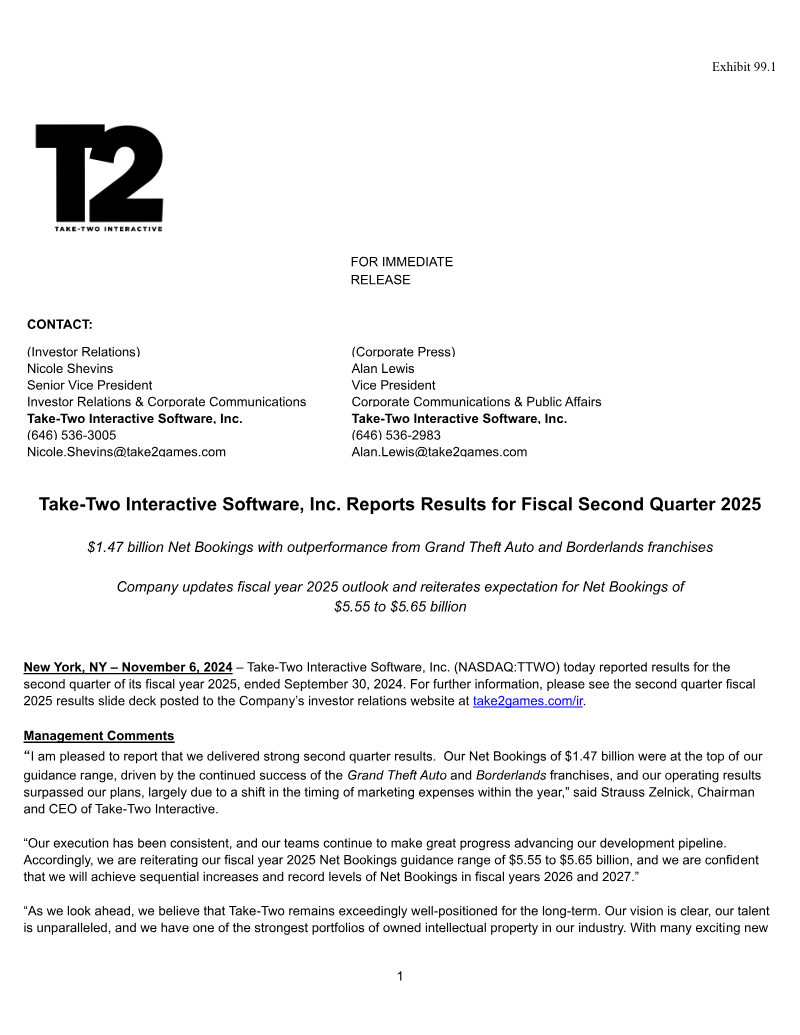 Cover of Take-Two Interactive Reports Results for Fiscal Second Quarter 2025