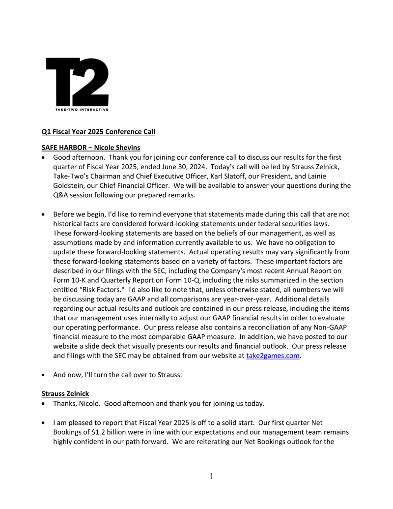 Cover of Take-Two Interactive Q1 Fiscal Year 2025 Conference Call
