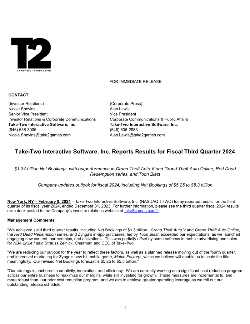 Cover of Take-Two Interactive Software, Inc. Reports Results for Fiscal Third Quarter 2024