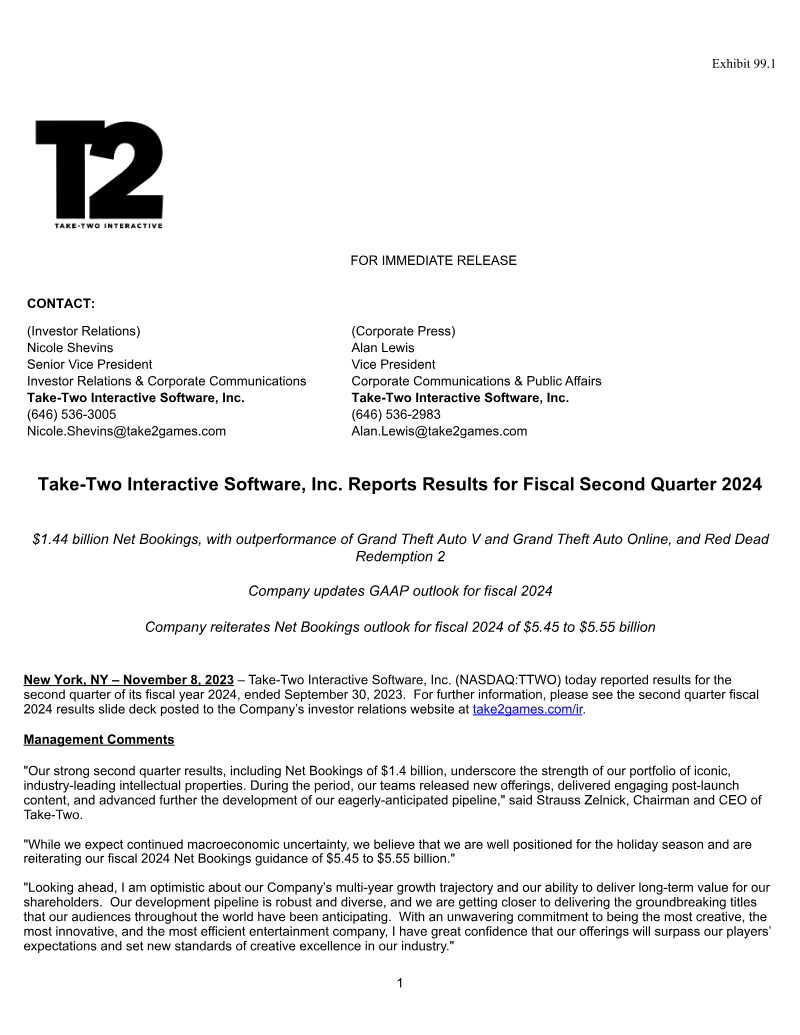 Cover of Take-Two Interactive Software, Inc. Reports Results for Fiscal Second Quarter 2024