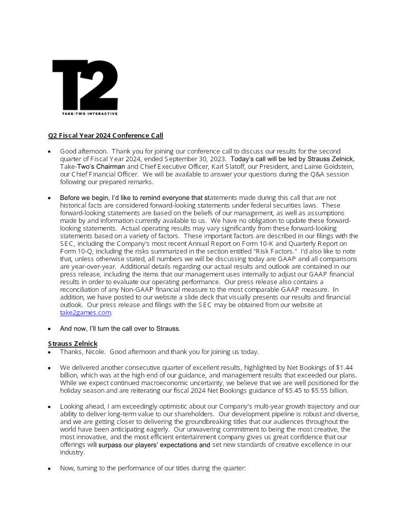 Cover of Take-Two Interactive Q2 Fiscal Year 2024 Conference Call