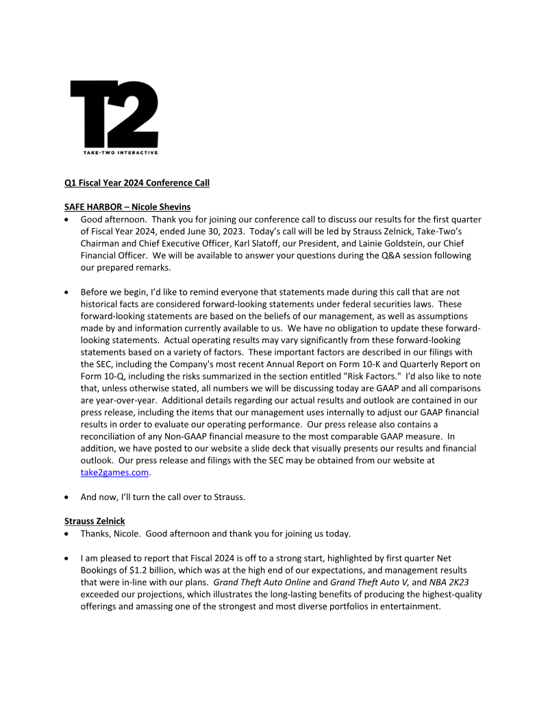 Cover of Take-Two Interactive Q1 Fiscal Year 2024 Conference Call