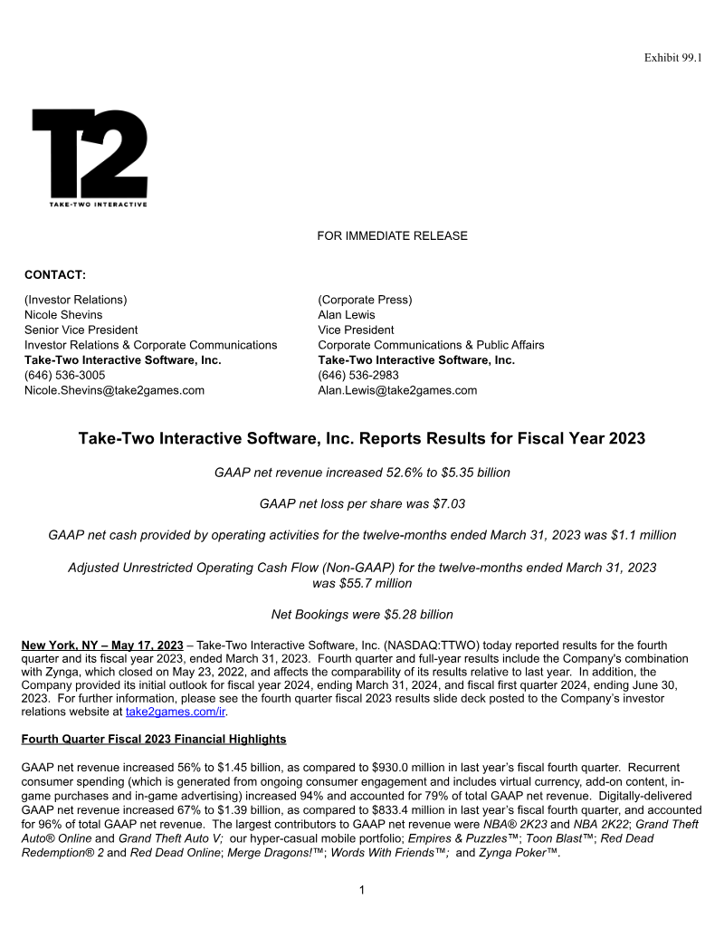 Cover of Take-Two Interactive Reports Results for Fiscal Year 2023
