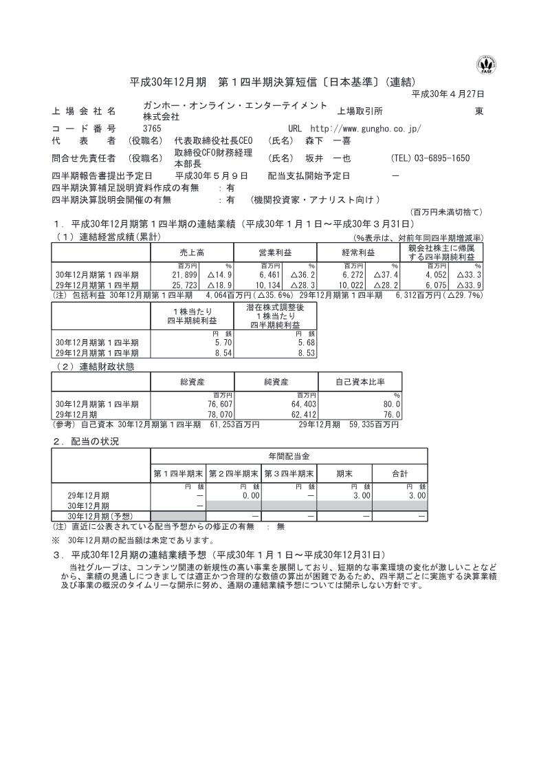 Cover of GungHo Online Entertainment FY2018 Q1 Financial Results