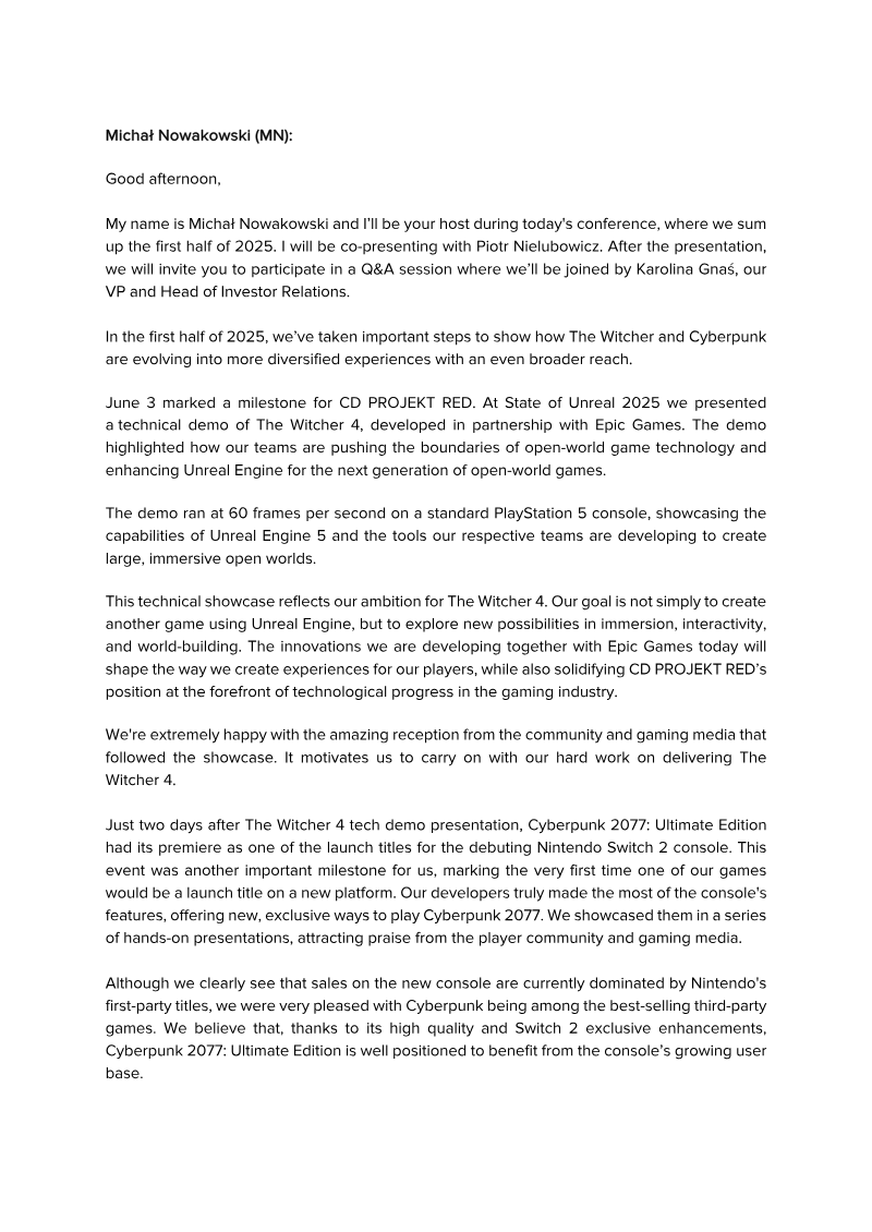 Cover of CD PROJEKT Group H1 2025 Earnings Transcript