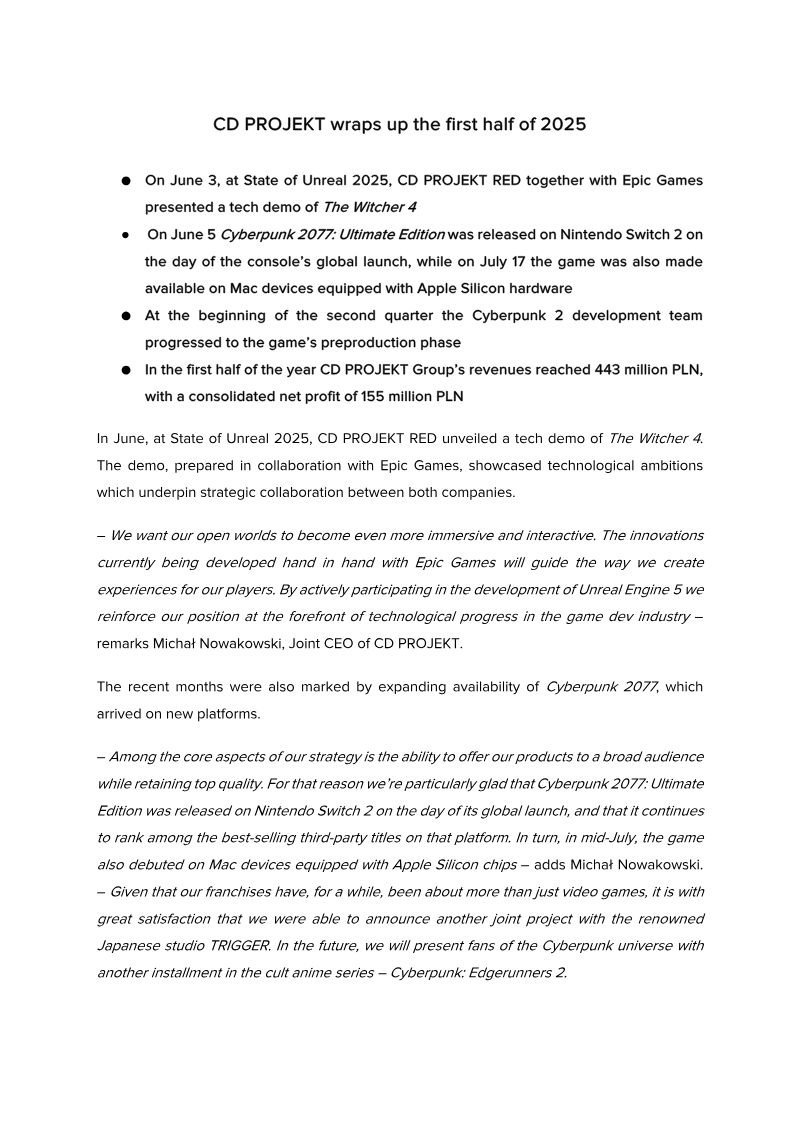 Cover of CD Projekt H1 2025 Earnings Report