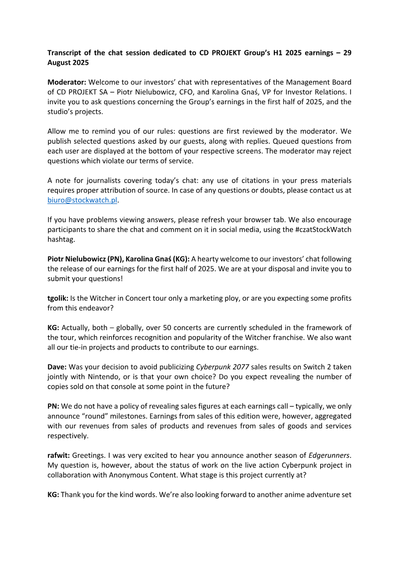 Cover of CD PROJEKT Group H1 2025 Earnings: Chat Session with Individual Investors