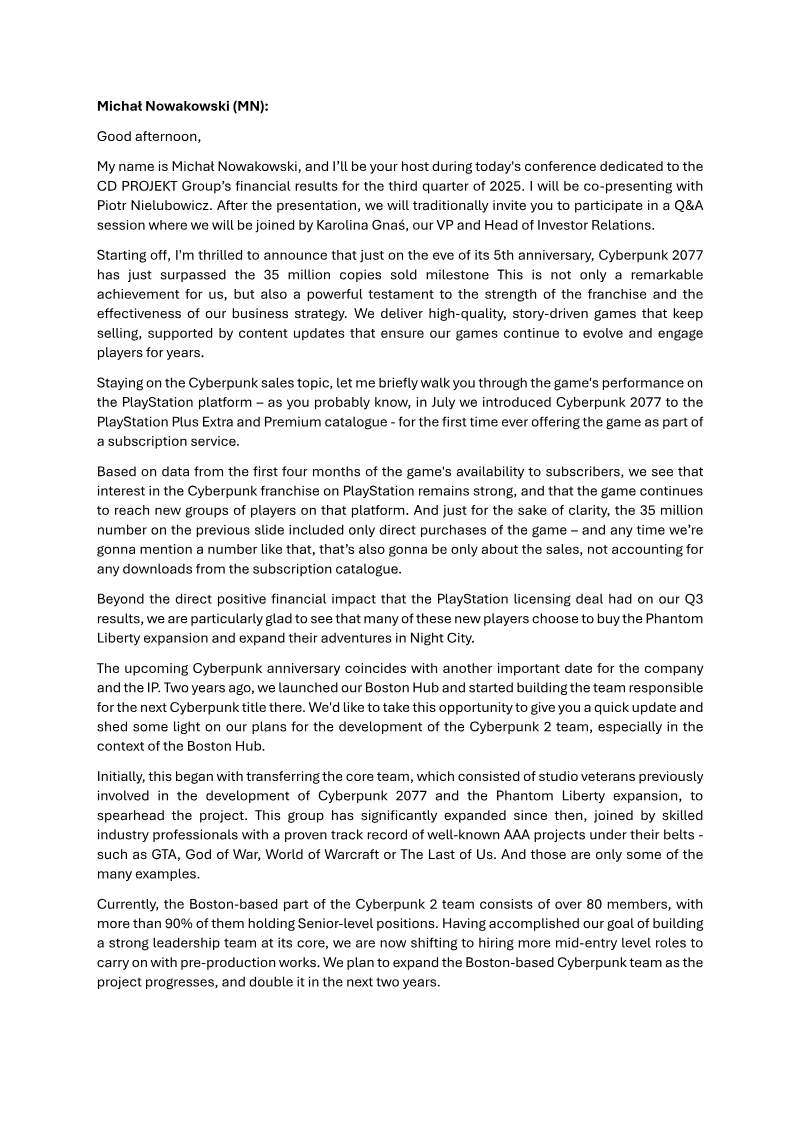 Cover of CD PROJEKT Group Q3 2025 Earnings Transcript