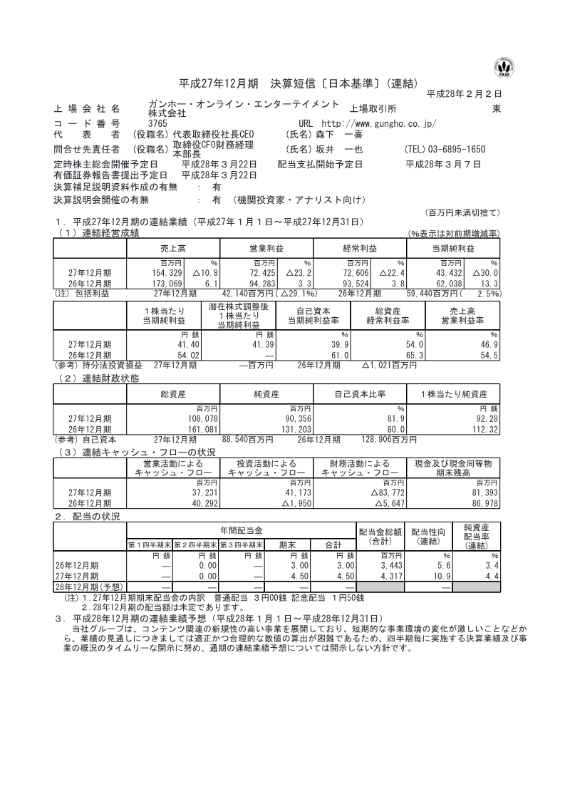 Cover of GungHo Online Entertainment FY2015 Financial Results