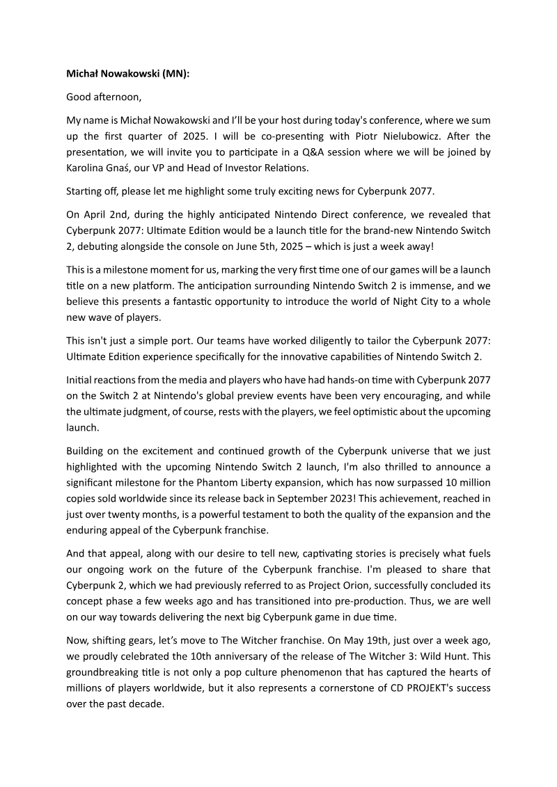 Cover of CD PROJEKT Group Q1 2025 Earnings Conference Transcript