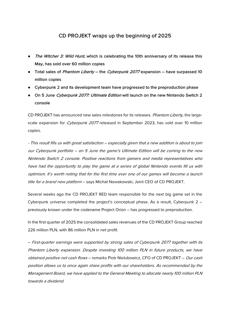 Cover of CD PROJEKT Q1 2025 Results