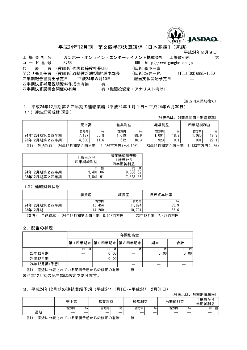 Cover of GungHo Online Entertainment FY2012 Q2 Financial Results