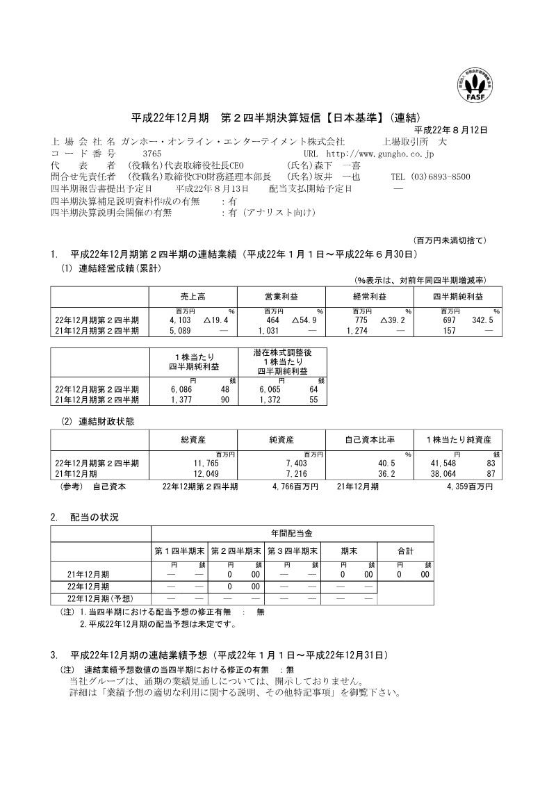 Cover of GungHo Online Entertainment FY2010 Q2 Financial Results