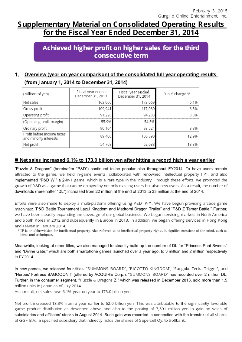 Cover of GungHo Online Entertainment: Supplementary Material on Consolidated Operating Results for the Fiscal Year Ended December 31, 2014