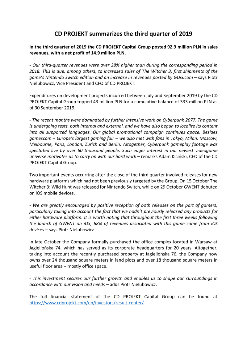 Cover of CD PROJEKT Q3 2019 Financial Results