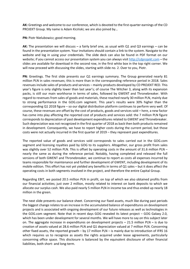 Cover of CD PROJEKT Group Q1 2019 Financial Results: Audio Webcast Transcript