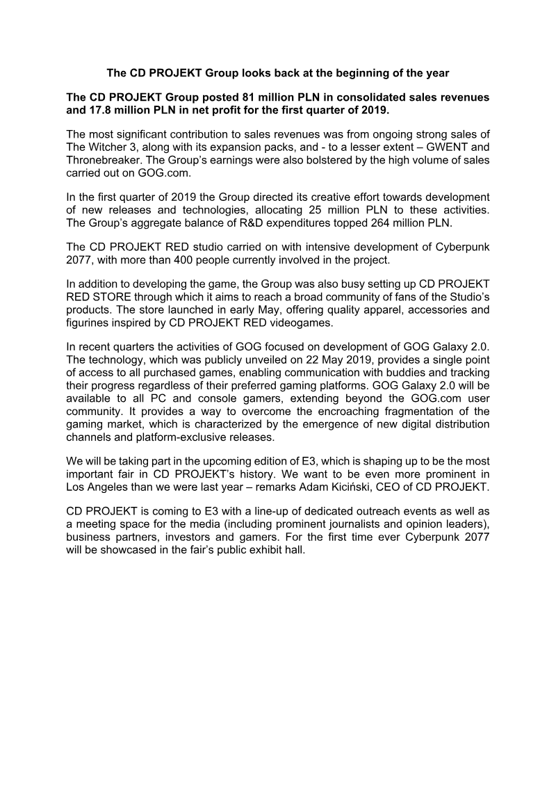 Cover of CD PROJEKT Group Q1 2019 Financial Results