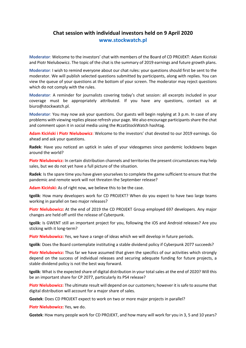 Cover of CD PROJEKT FY 2019 Financial Results: Chat Session with Individual Investors