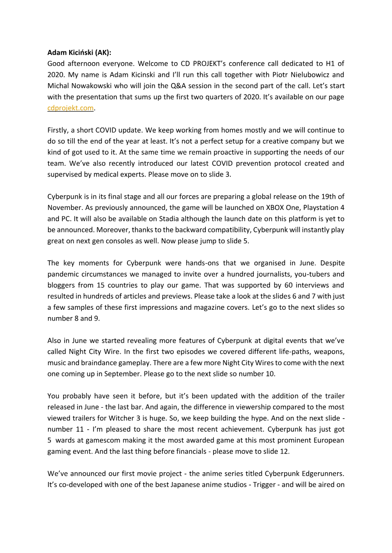 Cover of CD PROJEKT Group H1 2020 Financial Results: Transcript of Audio Webcast
