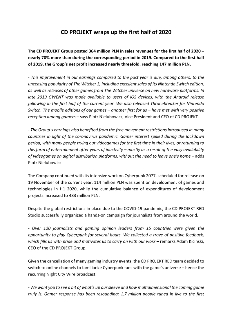 Cover of CD PROJEKT H1 2020 Financial Results
