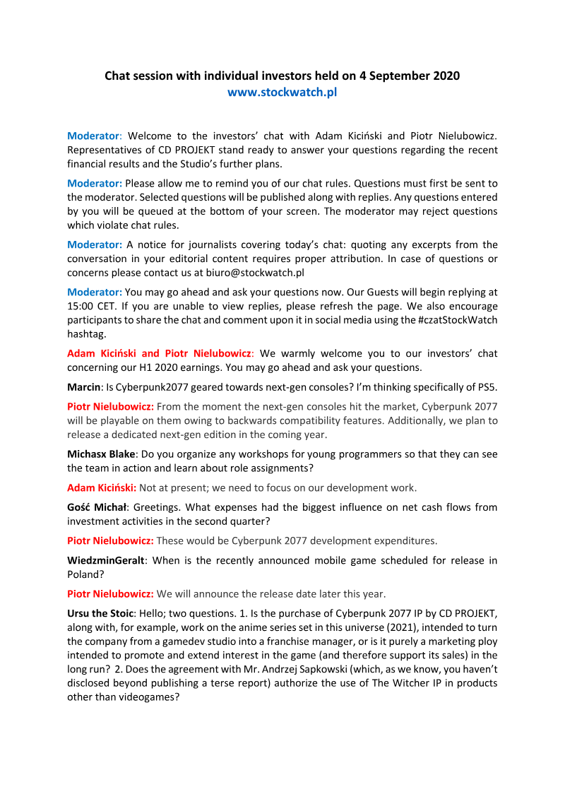 Cover of CD PROJEKT H1 2020 Financial Results: Chat Session with Individual Investors