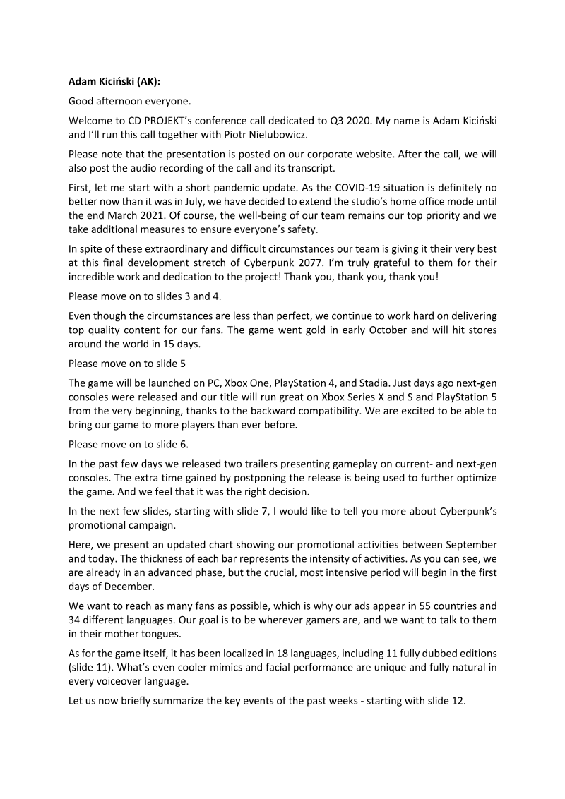 Cover of CD PROJEKT Q3 2020 Financial Results: Transcript of Audio Webcast