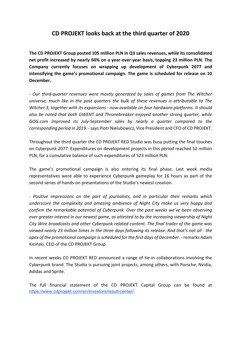 Cover of CD PROJEKT Q3 2020 Financial Results
