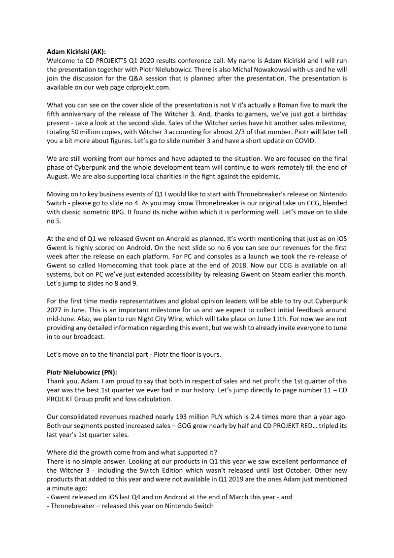 Cover of CD PROJEKT Q1 2020 Financial Results