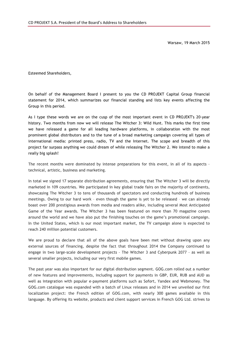 Cover of CD PROJEKT Capital Group Financial Statement 2014: President of the Board's Address