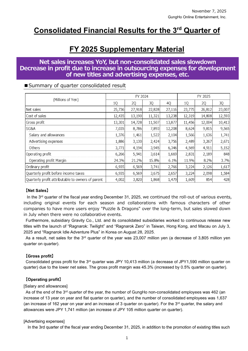 Cover of GungHo Online Entertainment: Consolidated Financial Results for the 3rd Quarter of FY 2025 Supplementary Material