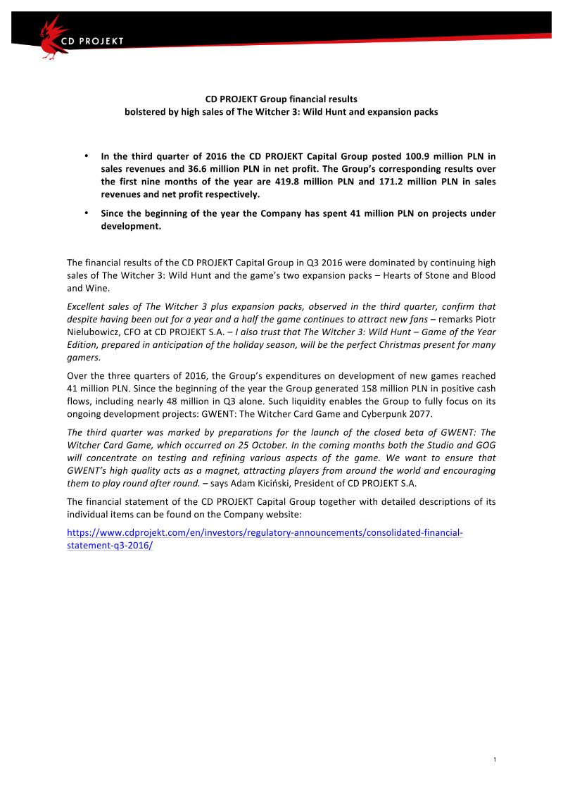 Cover of CD PROJEKT Group Financial Results: Q3 2016