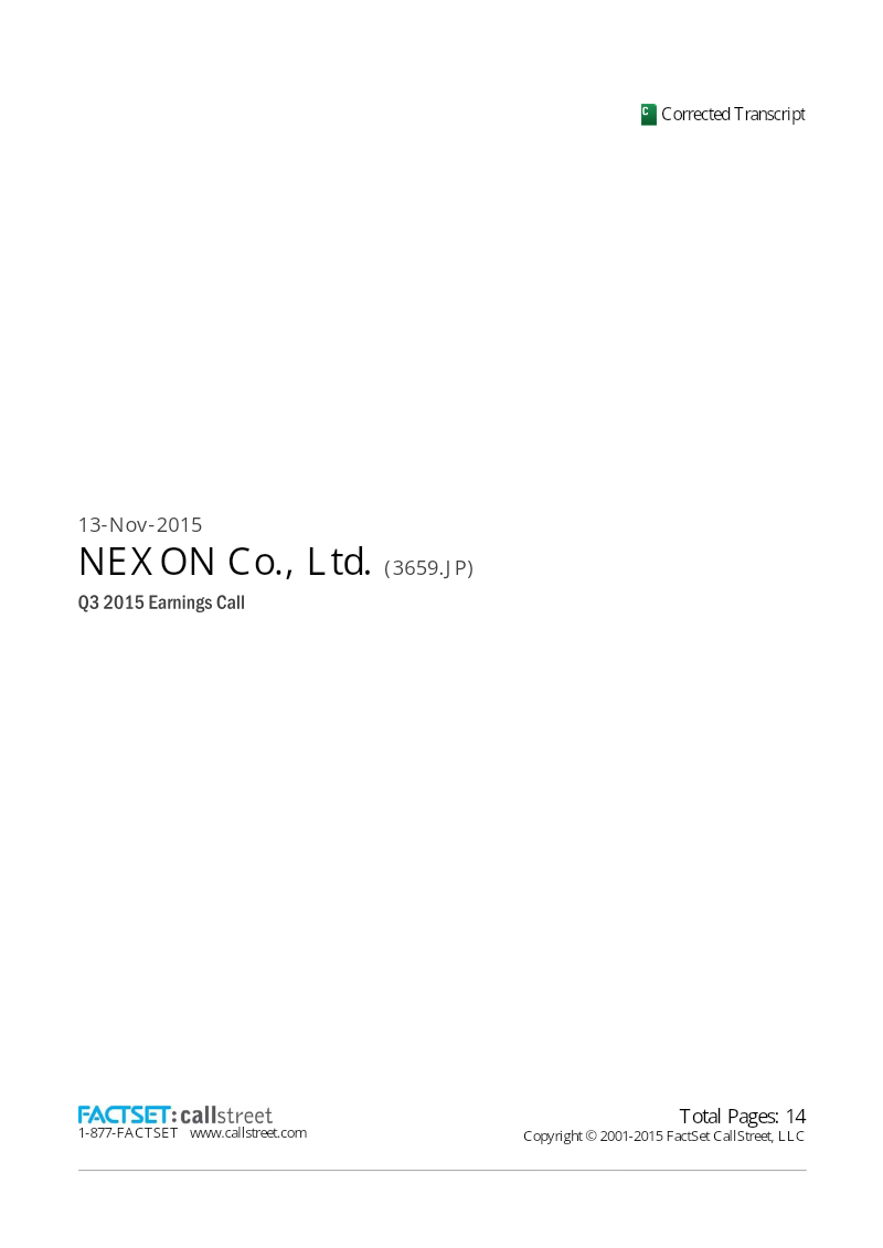 Cover of NEXON Q3 2015 Earnings Call Transcript