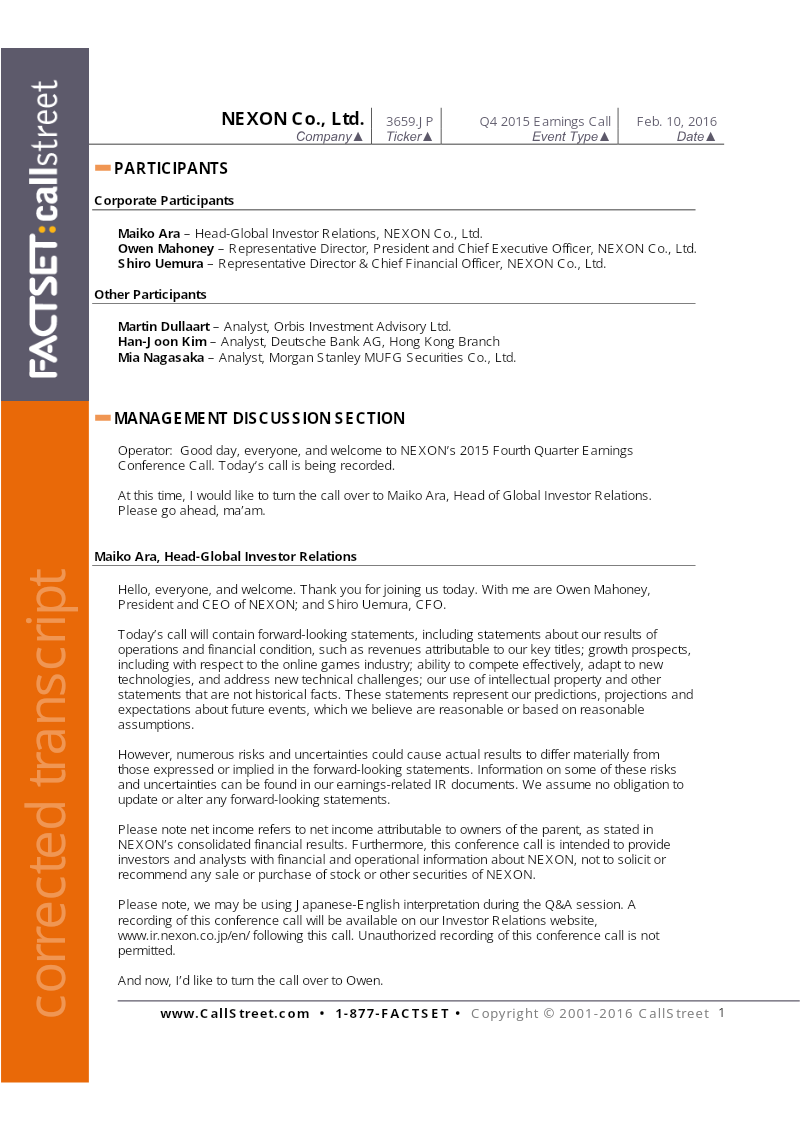 Cover of NEXON Q4 2015 Earnings Conference Call
