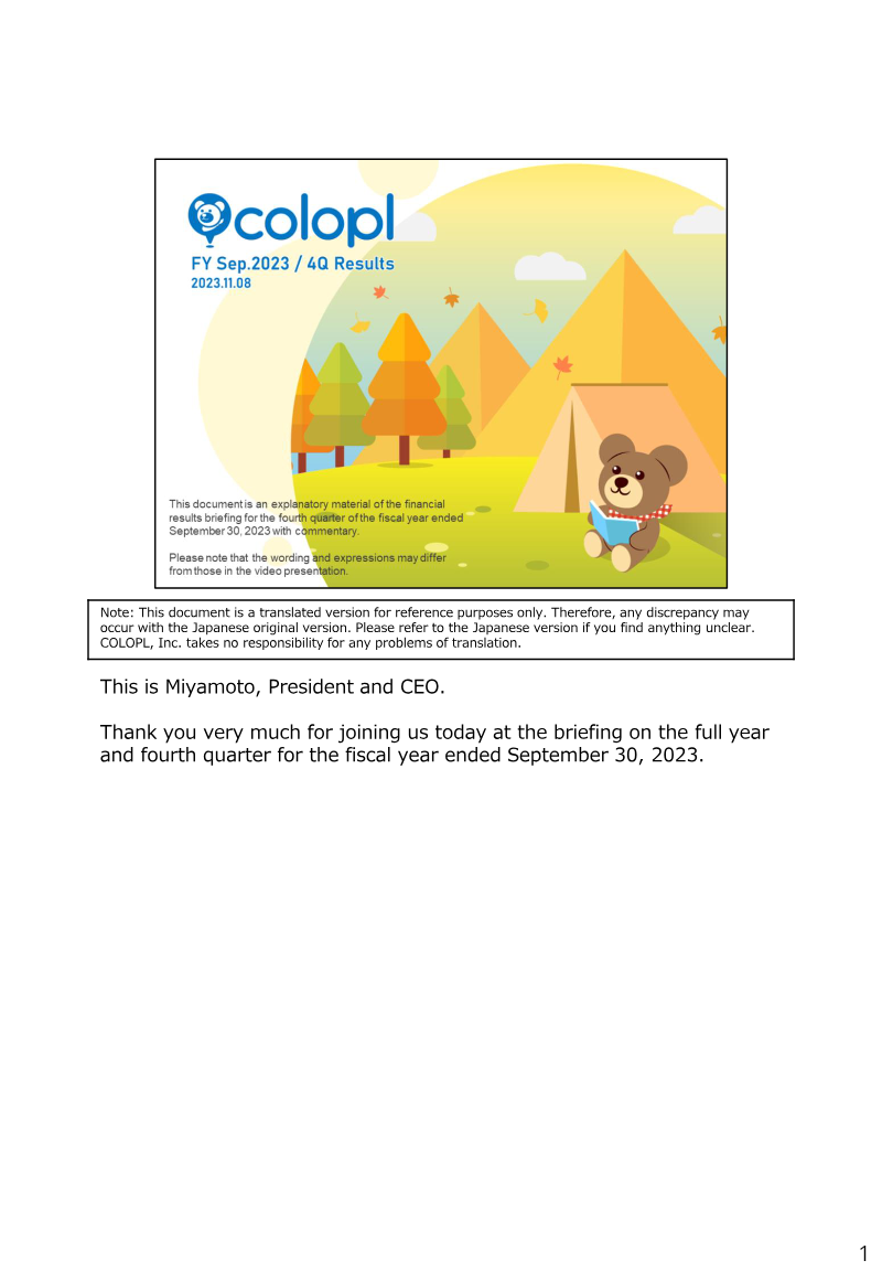Cover of COLOPL FY Sep.2023 4Q Financial Results