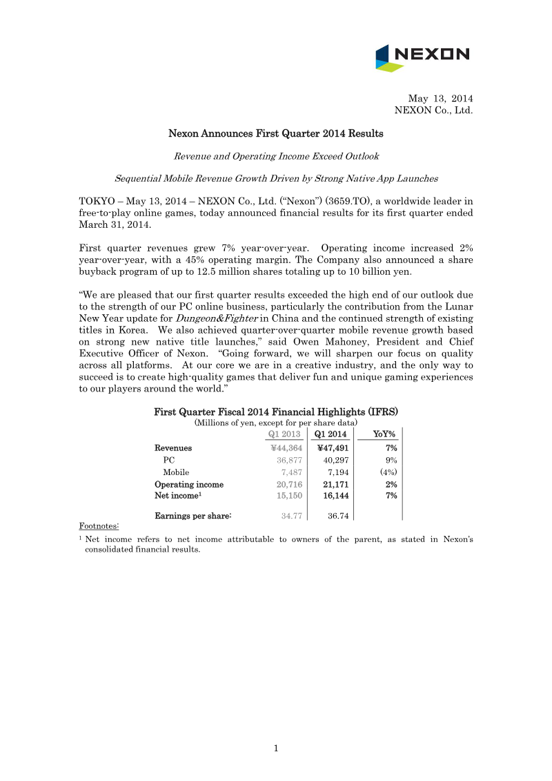 Cover of Nexon First Quarter 2014 Financial Results