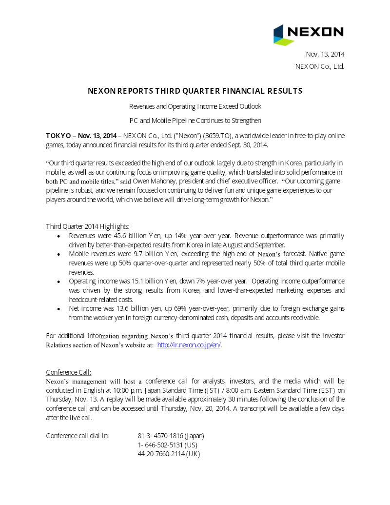 Cover of Nexon Third Quarter 2014 Financial Results