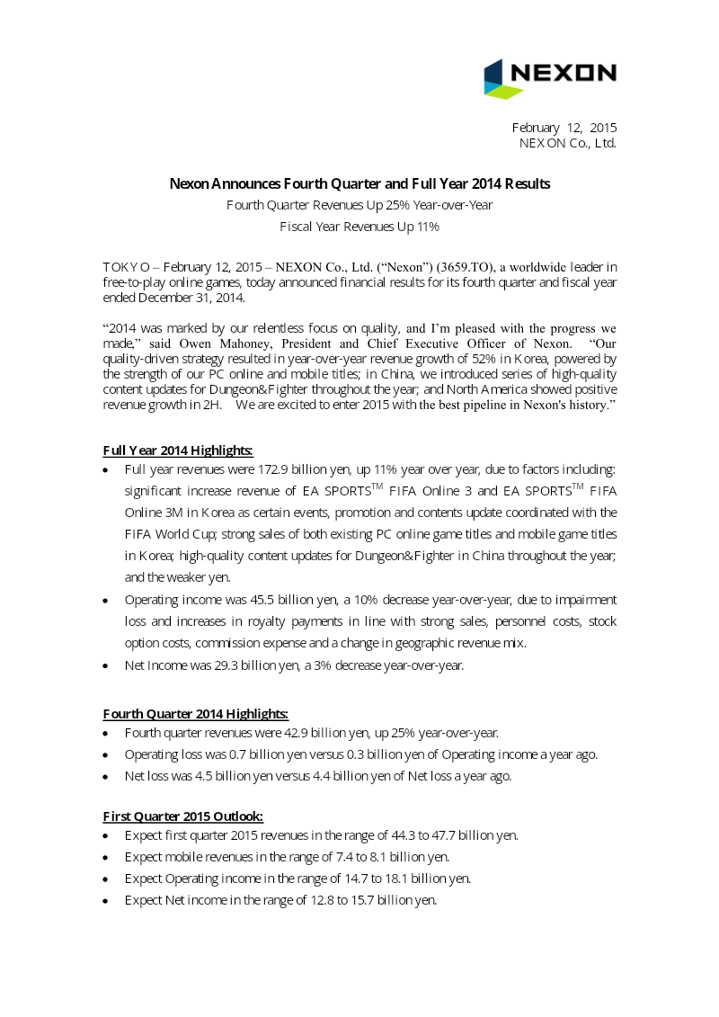 Cover of Nexon Fourth Quarter and Full Year 2014 Results