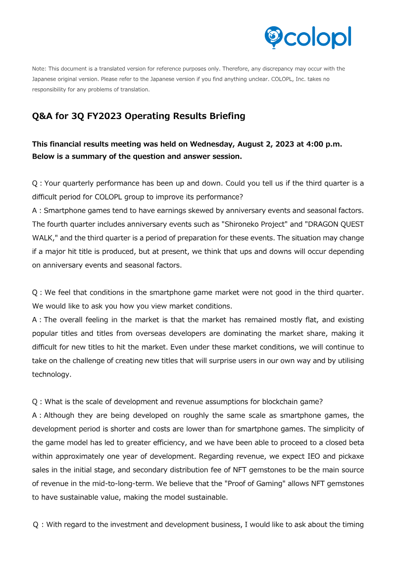 Cover of Q&A for 3Q FY2023 Operating Results Briefing