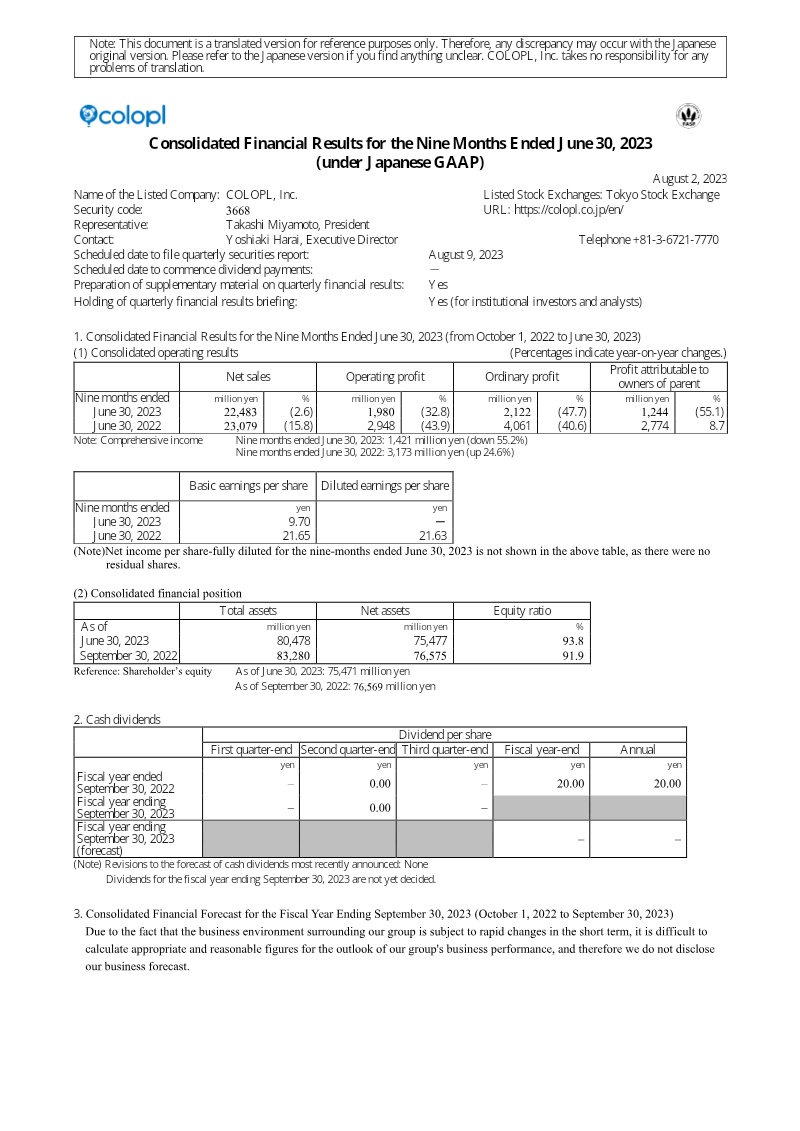 Cover of COLOPL Consolidated Financial Results for the Nine Months Ended June 30, 2023