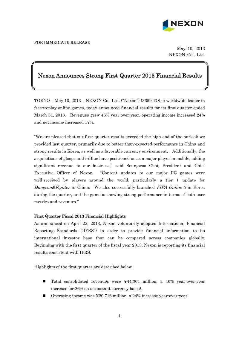 Cover of Nexon First Quarter 2013 Financial Results
