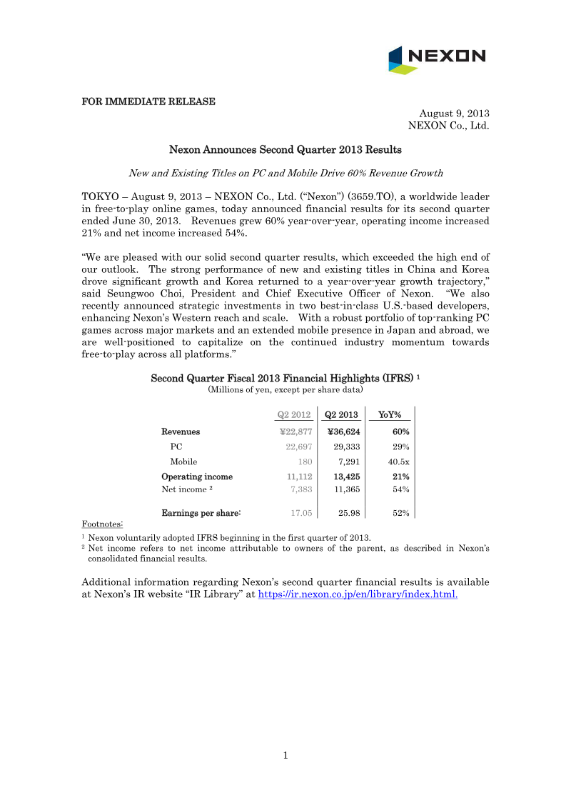 Cover of Nexon Second Quarter 2013 Financial Results