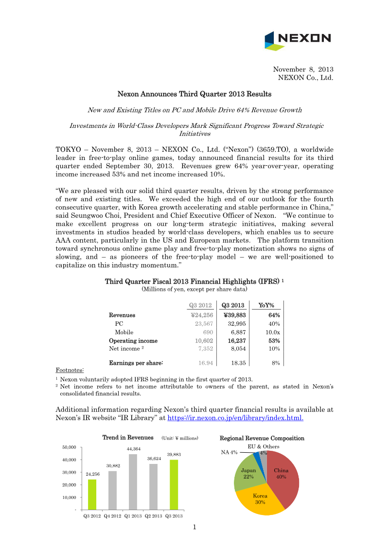 Cover of Nexon Third Quarter 2013 Financial Results