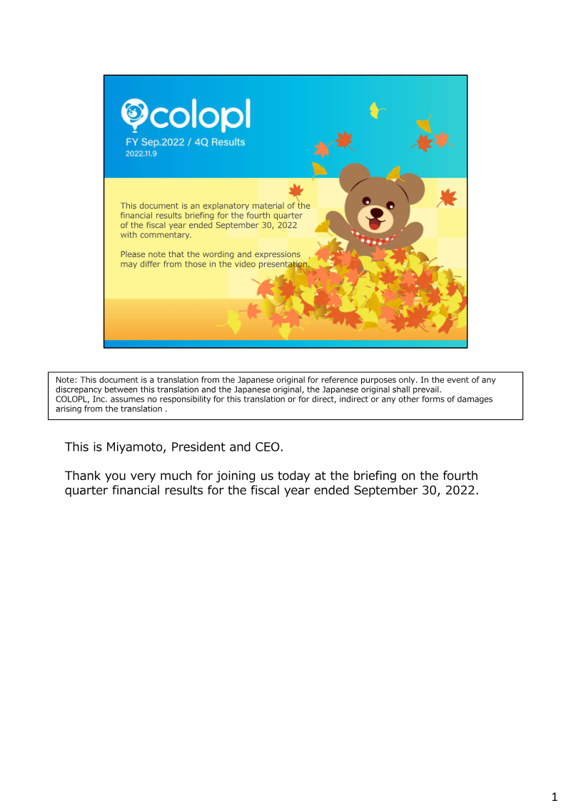Cover of COLOPL FY Sep.2022 4Q Financial Results