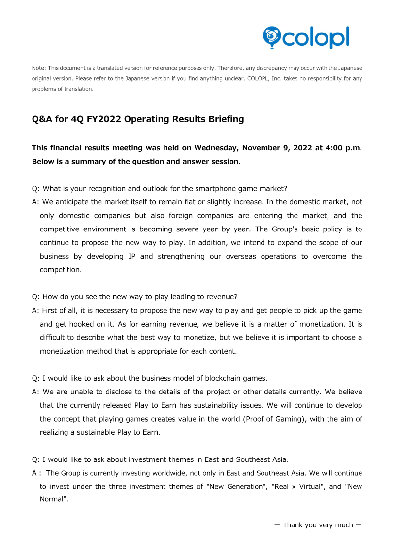 Cover of COLOPL 4Q FY2022 Operating Results Briefing: Q&A Summary