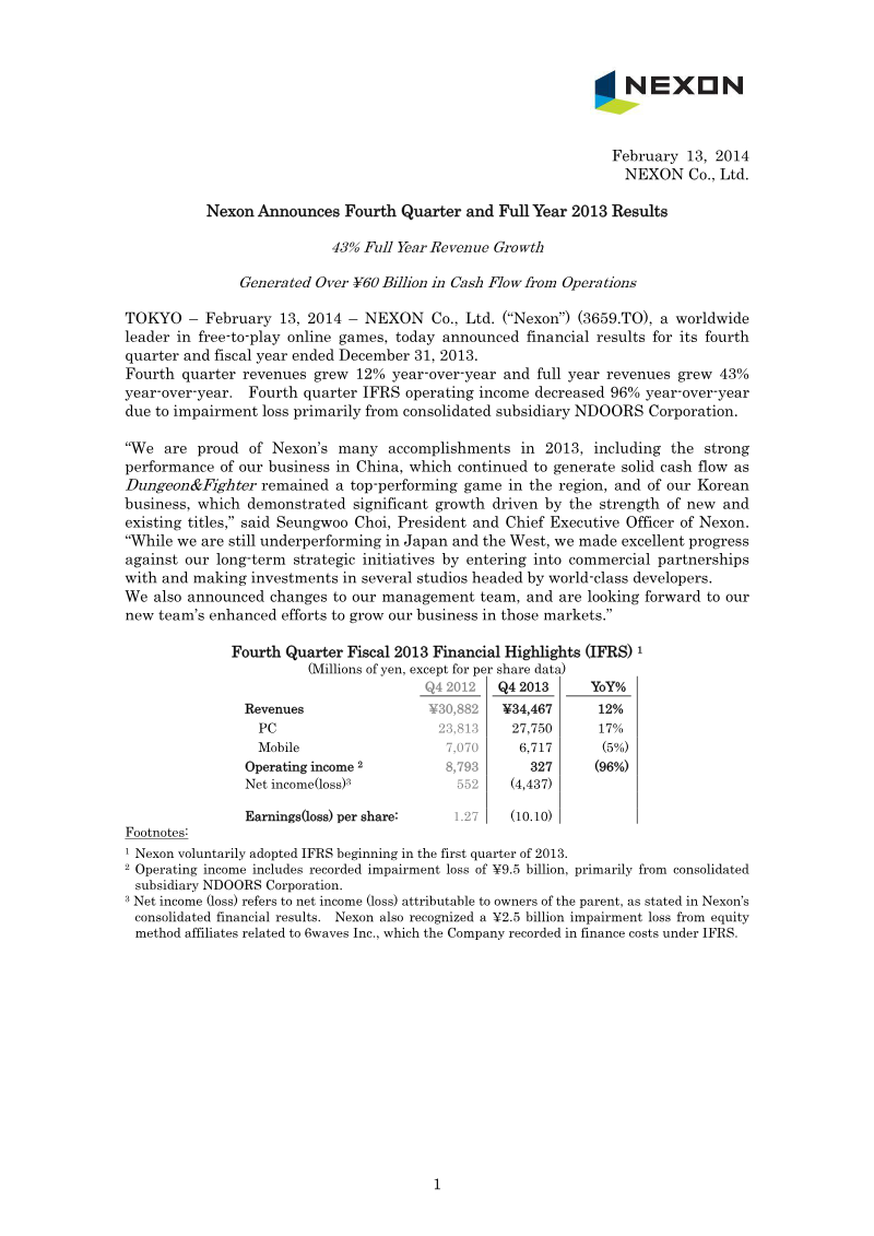 Cover of Nexon Fourth Quarter and Full Year 2013 Results
