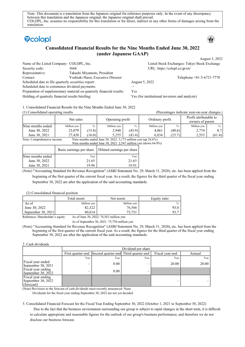 Cover of COLOPL Consolidated Financial Results for the Nine Months Ended June 30, 2022