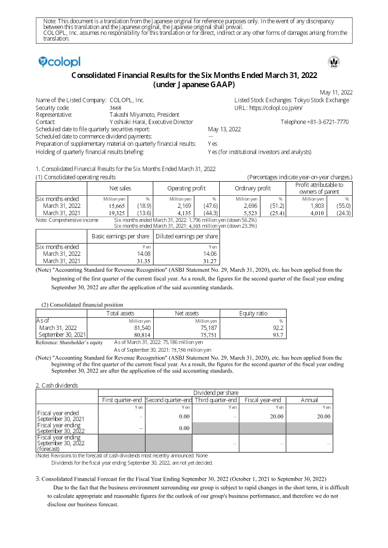 Cover of COLOPL Consolidated Financial Results for the Six Months Ended March 31, 2022