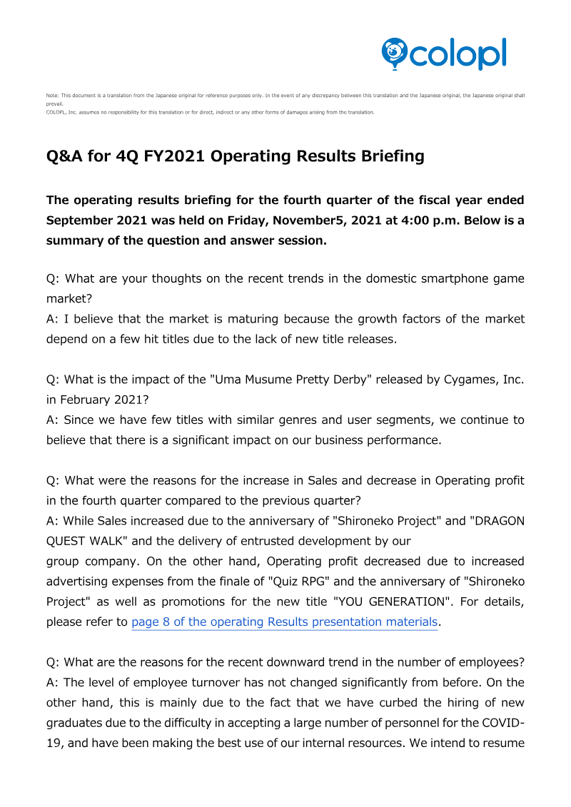 Cover of COLOPL Q4 FY2021 Operating Results Briefing: Question and Answer Summary
