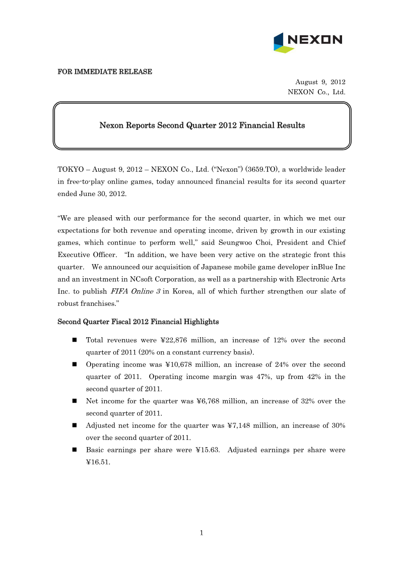 Cover of Nexon Second Quarter 2012 Financial Results