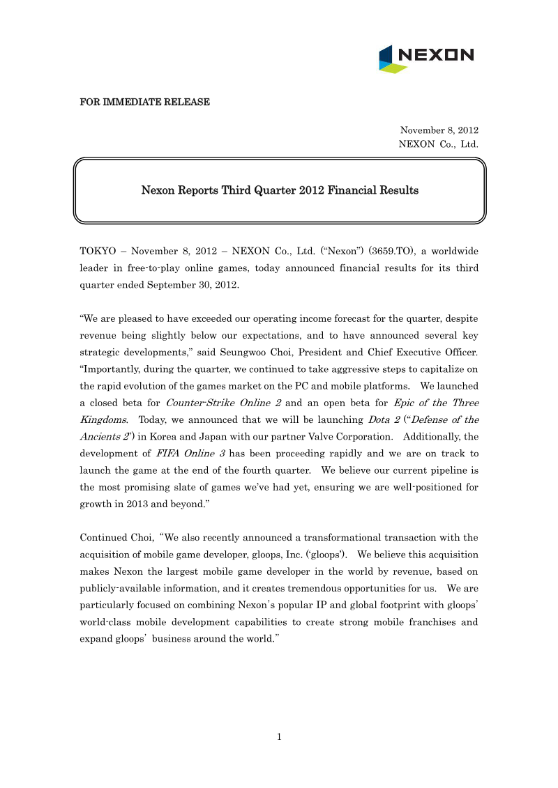 Cover of Nexon Third Quarter 2012 Financial Results